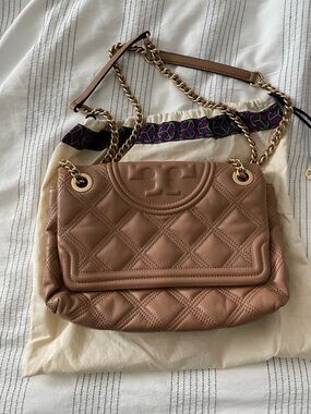 Tory Burch Quilted Tan Leather Chain Shoulder Bag with Gold Hardware